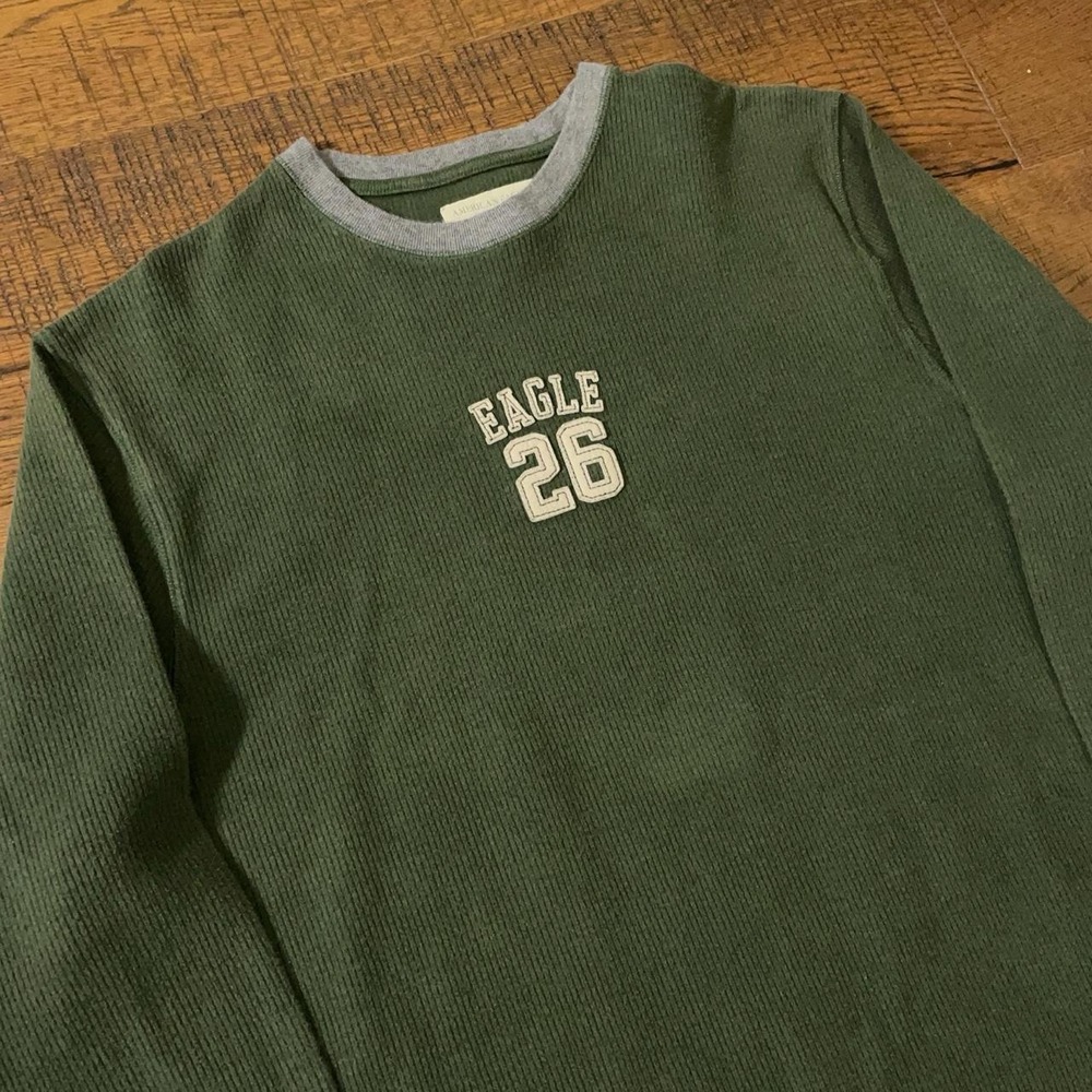American Eagle Thermal Shirt Mens L Green Vintage Americana Waffle Knit Eagle 26